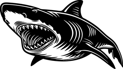 Ferocious Shark Vector Art – Black and White Aggressive Sea Predator Illustration