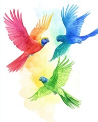 Fototapeta premium Colorful tropical birds with rainbow watercolor effect and white negative space in botanical style creating vibrant exotic wildlife art with elegant minimalist design