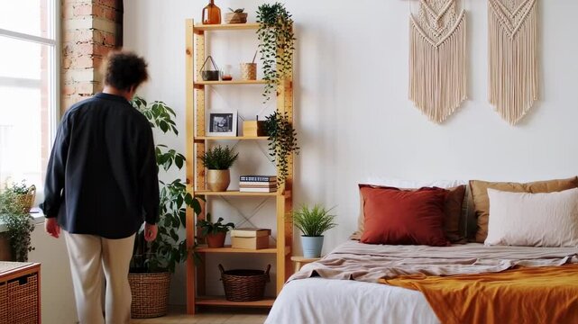 Cozy Bedroom Scene: Person Entering, Plants, Macrame, and Warm Tones