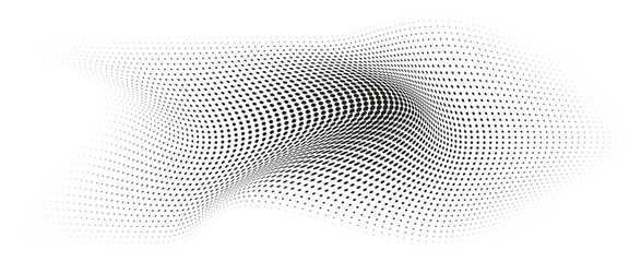 Flowing Wave Dot Halftone Pattern: Curve Gradient Shape on Transparent Background. Suitable for AI, Tech, Network, Digital, Science, and Technology Themes.