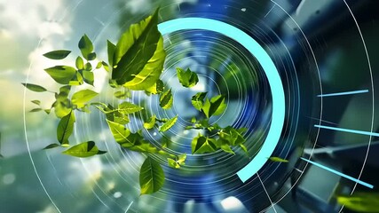 Abstract visualization of green leaves swirling in a digital vortex, symbolizing nature and technology - Powered by Adobe