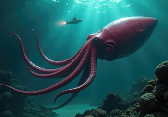 Giant squid swimming underwater near submarine exploring ocean depths