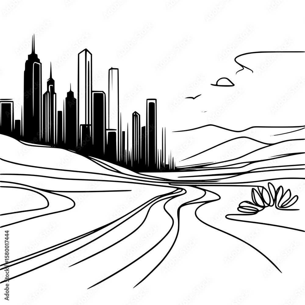 Poster abstract skyline with mountains and roads in single line outline style