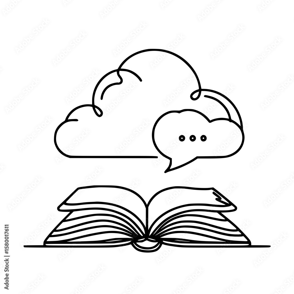 Aufkleber open book with speech bubble and cloud concept of single line outline vector school