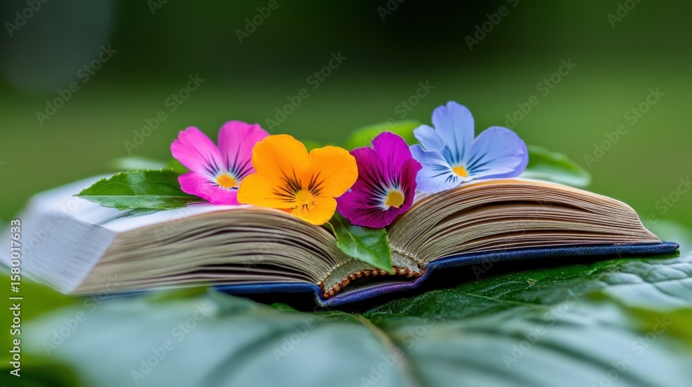 Fototapete a whimsical open book with colorful flowers nestled between its pages on a leaf