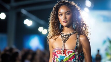 Fashion runway shot of confident Pacific Islander model walking with stylish glamorous presence perfect for designer campaigns and high end fashion industry marketing