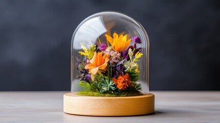 An elegant arrangement of assorted flowers preserved under a clear glass dome on a wooden base