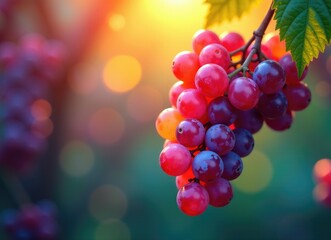 Bunch of grapes hanging from the vine at sunset illuminating beautiful colors