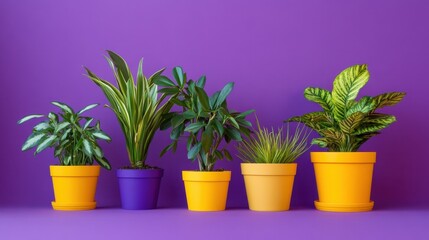 Obraz premium Assorted potted plants arranged artistically against a bold purple background