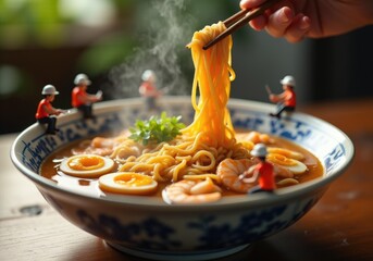 Miniature workers harvesting noodles from a steaming bowl of laksa soup