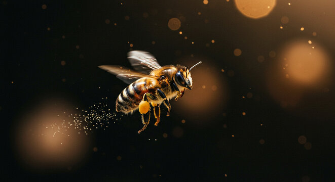 An active honey bee, wings blurred in motion, carrying and scattering golden pollen in a magical light setting