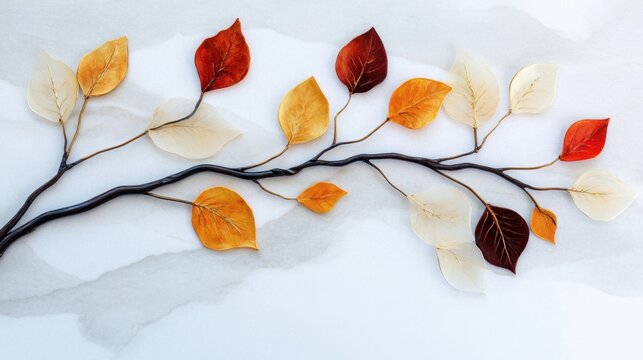 Autumn magic captured in gentle branches with golden and red leaves swaying softly in the breeze