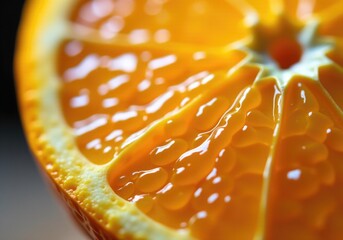 Juicy orange slice with glistening vesicles is showing its vibrant color and texture