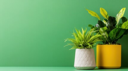 Balanced display of three houseplants in geometric pots with green backdrop