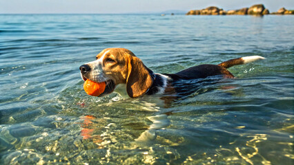 Joyful beagle swims in crystal clear sea, fetching an orange ball on a sunny summer day near the shore in the Adriatic.