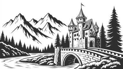 Naklejka premium Medieval European town sketch with vintage buildings and towers in black and white illustration