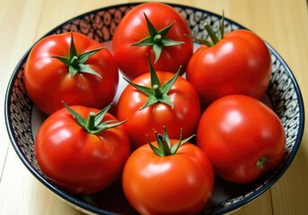 Fresh ripe red tomatoes with green stems are lying in a bowl