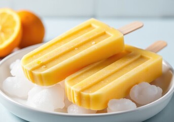 Refreshing orange popsicles melting on ice cubes during summer
