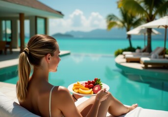 Tourist relaxing by the pool with a plate of fresh fruit enjoying the turquoise sea