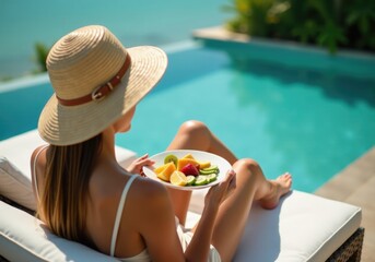 Woman wearing straw hat relaxing by the pool eating fresh fruit