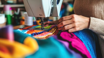 Hispanic woman skillfully sewing colorful fabric patterns on sewing machine in organized home workshop with threads and materials showcasing creative craftsmanship and artisan skills