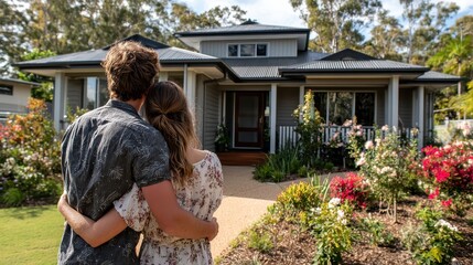 Couple embracing, looking at house with a lovely landscaped front yard. Visualize dreams of homeownership, financial success, and property investment.