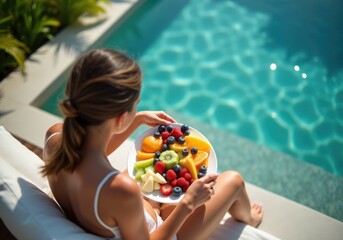 Woman enjoying fresh fruit plate by the pool during summer vacation
