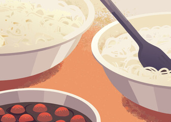 Three Bowls of Noodles with Various Sauces for Food Blogs, Recipe Websites, Restaurant Menus, Culinary Education, and Social Media Meal Content  