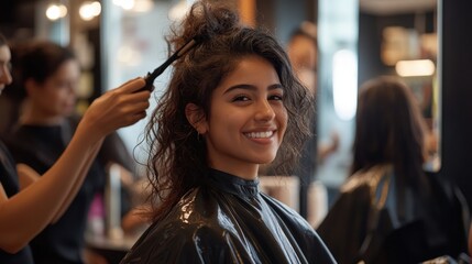 Hispanic women hairdressers styling hair in busy beauty salon using professional tools engaging in friendly conversation with clients surrounded by salon chairs and mirrors
