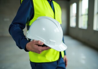 Construction engineer holding white hard hat wearing high visibility vest