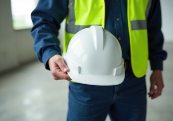 Construction worker holding white hardhat promoting workplace safety