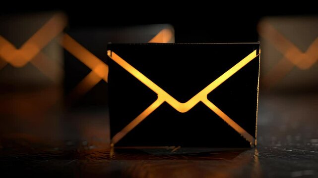 Illuminated envelopes on a dark surface showcasing modern communication and digital messages