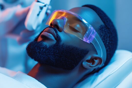 African man receiving professional laser beard sculpting treatment at modern dermatology clinic showcasing precise futuristic technology for advanced male grooming and skincare therapy