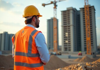 Engineer inspecting building construction site at sunset