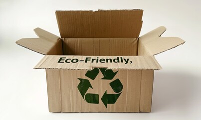 A straightforward cardboard box with the words "Eco-Friendly" and a recycling symbol that encourages environmentally friendly behavior, Generative AI.