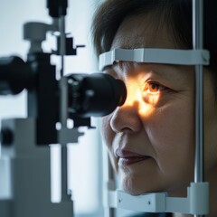 Close up view of Japanese patient undergoing non invasive glaucoma test with focus on advanced diagnostic equipment and eye examination showcasing modern ophthalmology technology