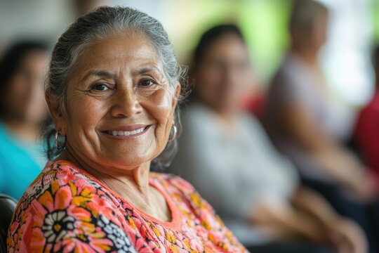 Hispanic senior doing chair exercises in community center smiling with group showcasing accessible fitness and active aging concepts for inclusive elderly wellness programs