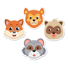Set of five cute cartoon animal masks including bear fox and monkey isolated on transparent background