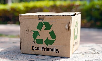 A straightforward cardboard box with the words "Eco-Friendly" and a recycling symbol that encourages environmentally friendly behavior, Generative AI.