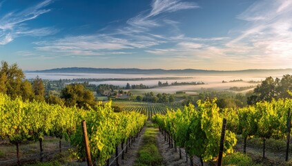 Fototapeta premium Panoramic vineyard vista at sunrise