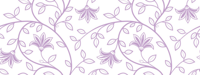 Seamless purple floral pattern with outlined petunia-style flowers and leafy vines on a white background. Elegant botanical vector design ideal for fabric, wallpaper, and wrapping paper. 