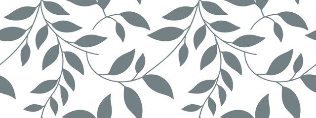 Minimal seamless leaf pattern with grey foliage on white background, ideal for modern fabric, wallpaper, wrapping, and surface decoration in elegant botanical and nature-inspired design.