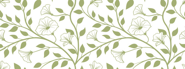 Seamless green floral pattern with outlined petunia-style flowers and leafy vines on a white background. Elegant botanical vector design ideal for fabric, wallpaper, and wrapping paper.  © Sk