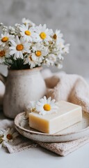 Creamy soap, daisy bouquet, rustic vase
