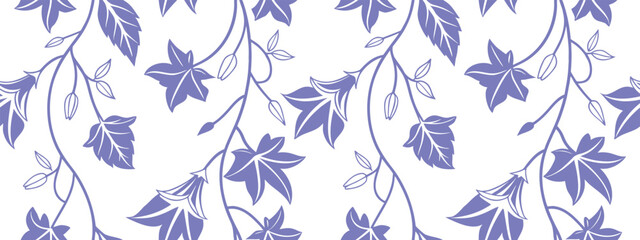 Seamless floral pattern with elegant purple bell-shaped flowers and trailing vines on a white background. Ideal for botanical prints, romantic textiles, wedding and spring-themed designs.