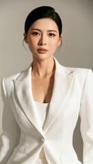 Elegantly poised figure in a tailored white suit exuding confidence and modern grace in an artistic studio setting