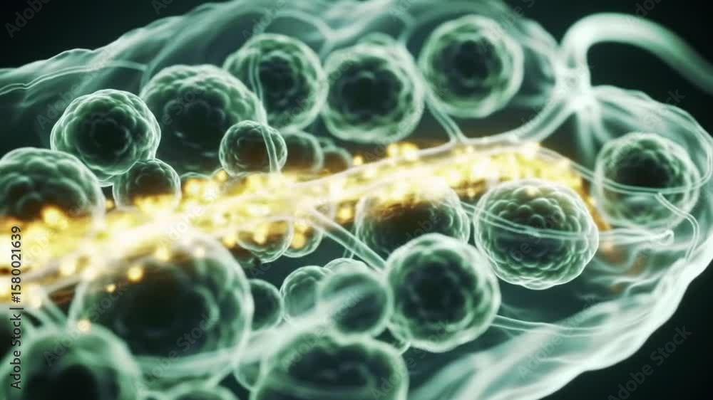 Aufkleber microscopic view of biological cells with glowing yellow energy flowing through them like a neural n