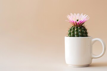 A tiny pink-flowered green cactus blossoms in a white coffee mug on a simple, bright background, Generative AI.