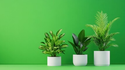 Clean scene of three houseplants with varied foliage on a green background