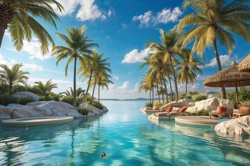 Fototapeta premium Tropical Lagoon Paradise Surrounded by Palm Trees and Bright Blue Skies for the Perfect Summer Getaway